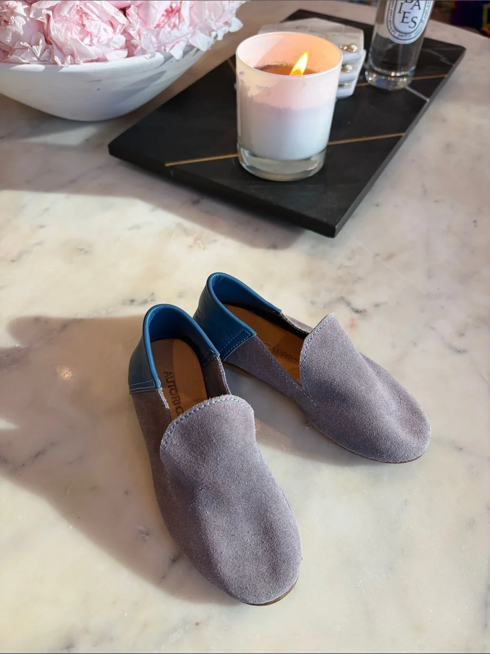 ITALIAN BRAND - AUTORI CAPRESI Suede Slip-On Flats with Blue Heel Collar
